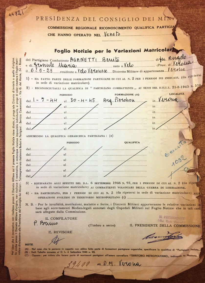 AGANETTI BENITO PARTIGIANO COBATTENTE